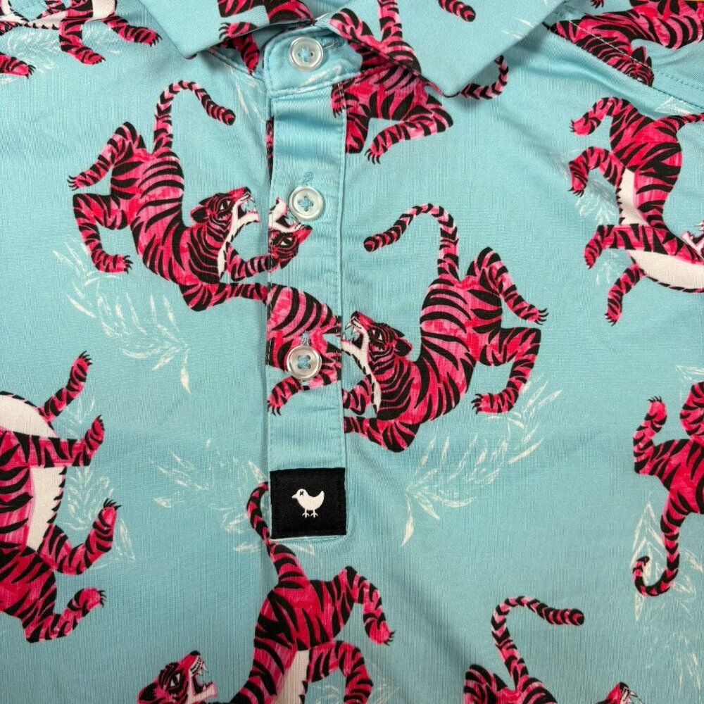 Bad Birdie Polo Shirt Mens Small Blue Tiger All Over Print Golf Performance - Picture 8 of 16